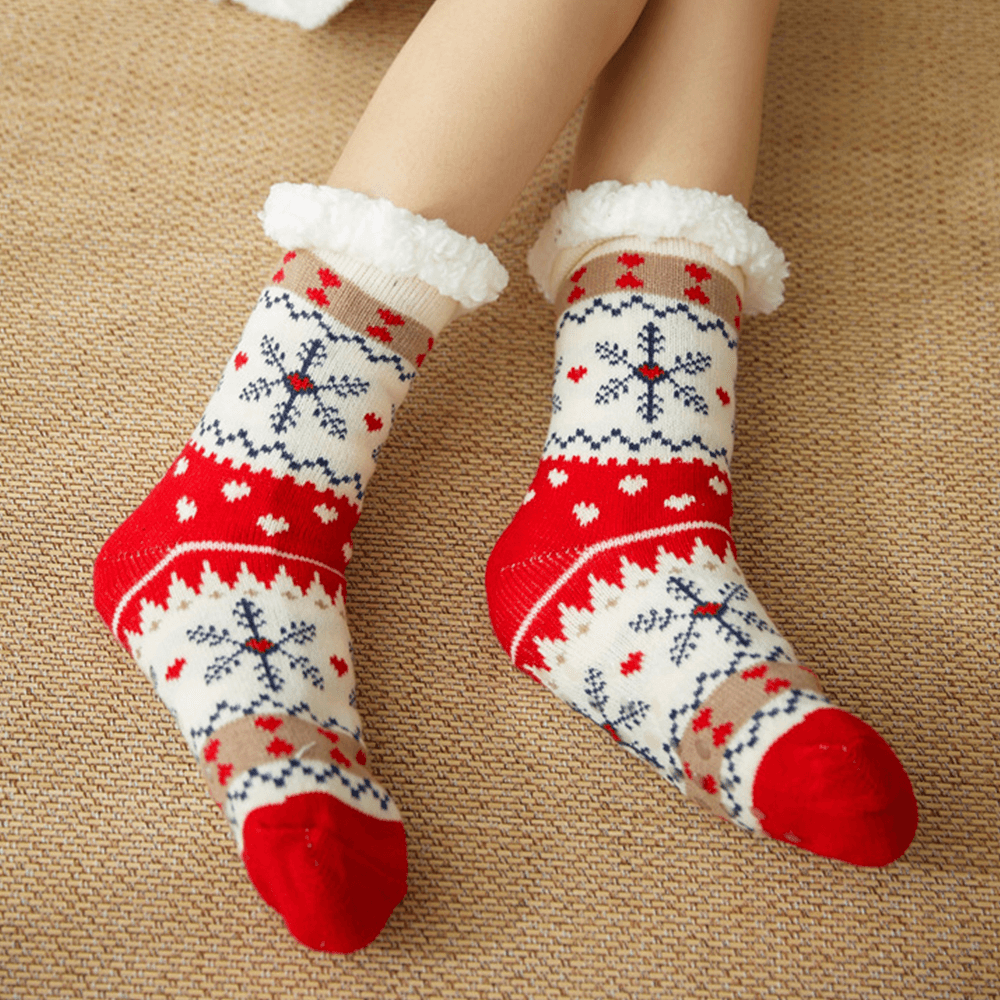 Women Warm Winter Outdoor Christmas Style Snowflake Pattern plus Velvet Thicken Home Sleep Socks Tube Socks - MRSLM