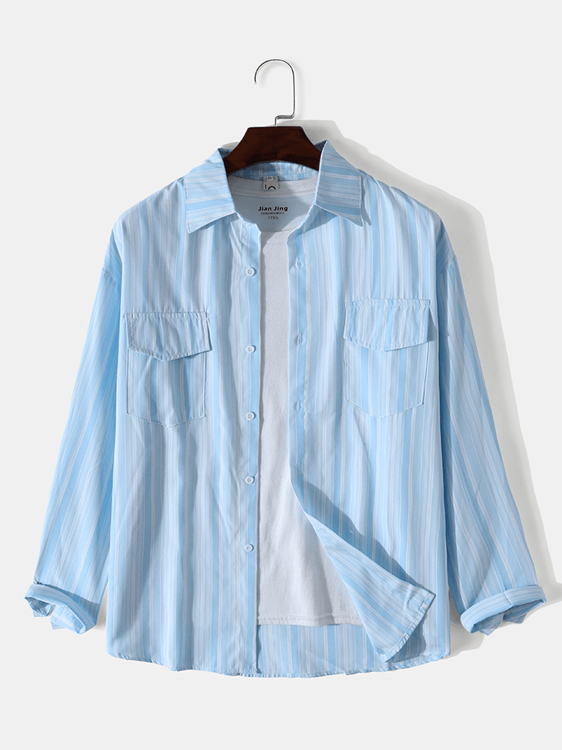 Mens Artsy Striped Turn-Down Collar Preppy Shirt - MRSLM