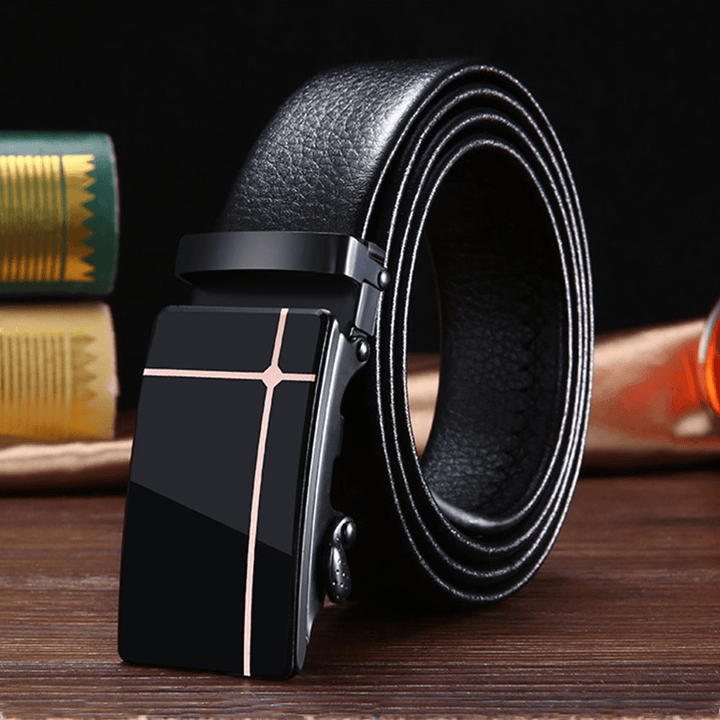 Men PU Leather Rectangular Acrylic Automatic Buckle Scratch-Resistant Business Casual Ratchet Belt - MRSLM