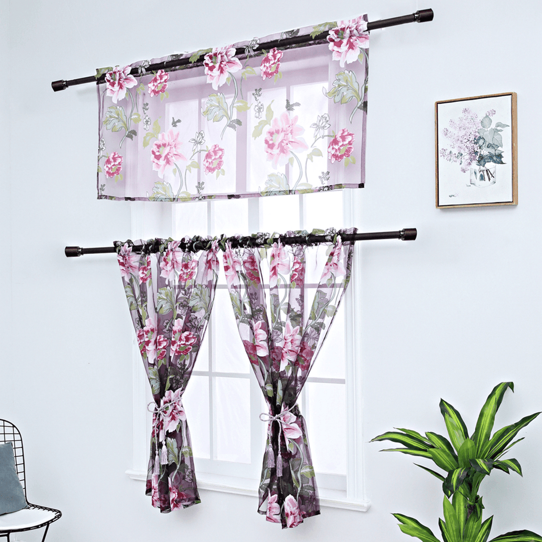 3 PCS Kitchen Curtain Washable Rod Pocket Curtain Tier Embroidered Floral Sheer Curtain - MRSLM