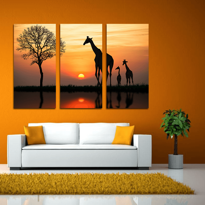 Miico Hand Painted Three Combination Decorative Paintings Giraffe in the Sunset Wall Art for Home Decoration - MRSLM