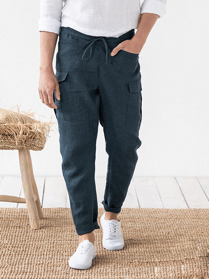 Mens Cotton Linen Solid Color Casual Drawstring Cargo Pants - MRSLM