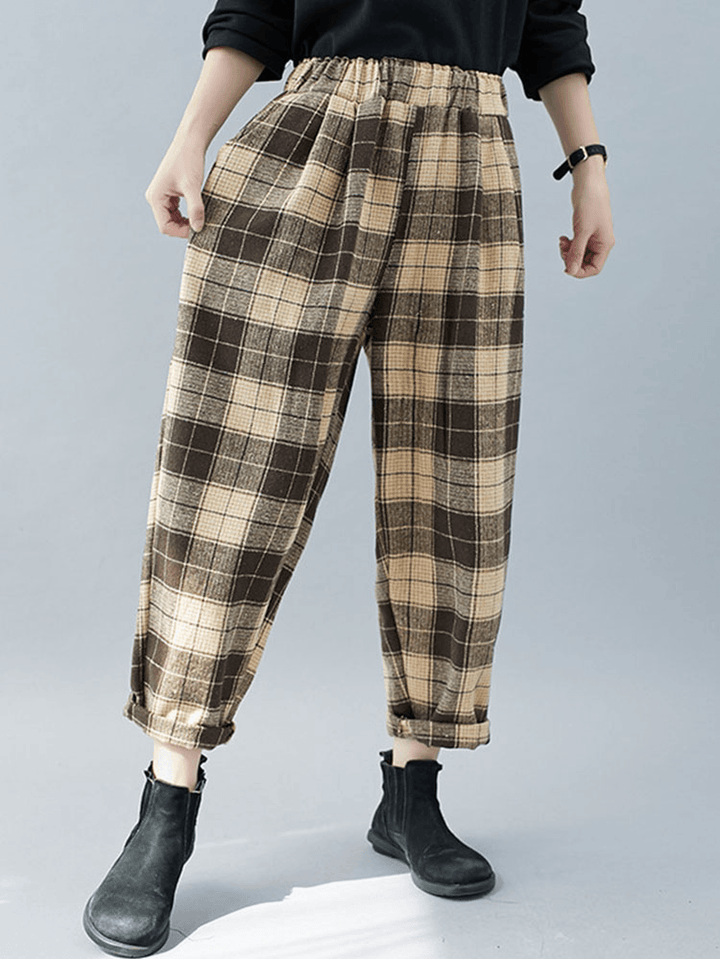 Women Plaid Color Block Elastic High Waist Side Pocket Harem Pants - MRSLM