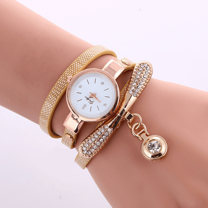 Casual Women Watch Leather Strap Rhinestone Metal Decorative Circle Pendant Multi-Layer Quartz Watch - MRSLM