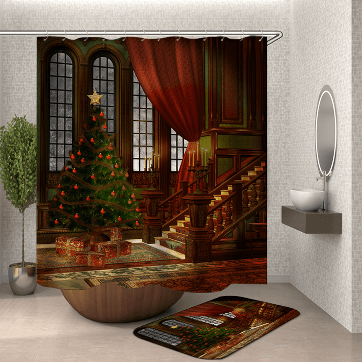 3D Bathroom Sets Christmas Trees Fireplace Shower Curtain Bath Mats Toilet Rugs Anti-Slip Carpet Festival Decor - MRSLM