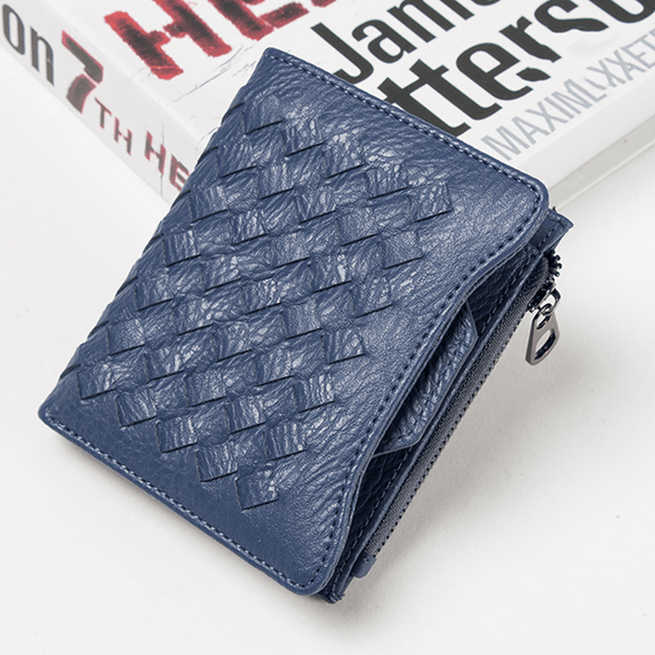 Women PU Leather Woven Pattern Short Wallet Credit Card Holder Coins Bag - MRSLM