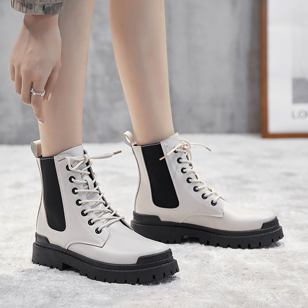 Women Casual Warm Slip Resistant Platform Lace up Combat Boots - MRSLM