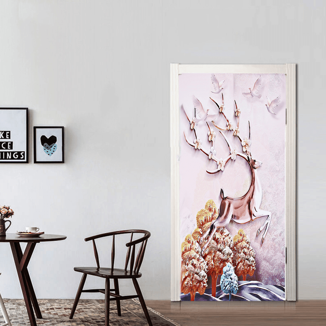 3D Door Wall Sticker Fridge Deer Sticker Wrap Mural Decal Art Decor Self Adhesive Room - MRSLM