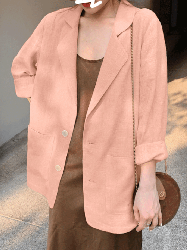 100% Cotton Solid Full Sleeve Lapel Loose Coat with Side Pockets for Women - MRSLM