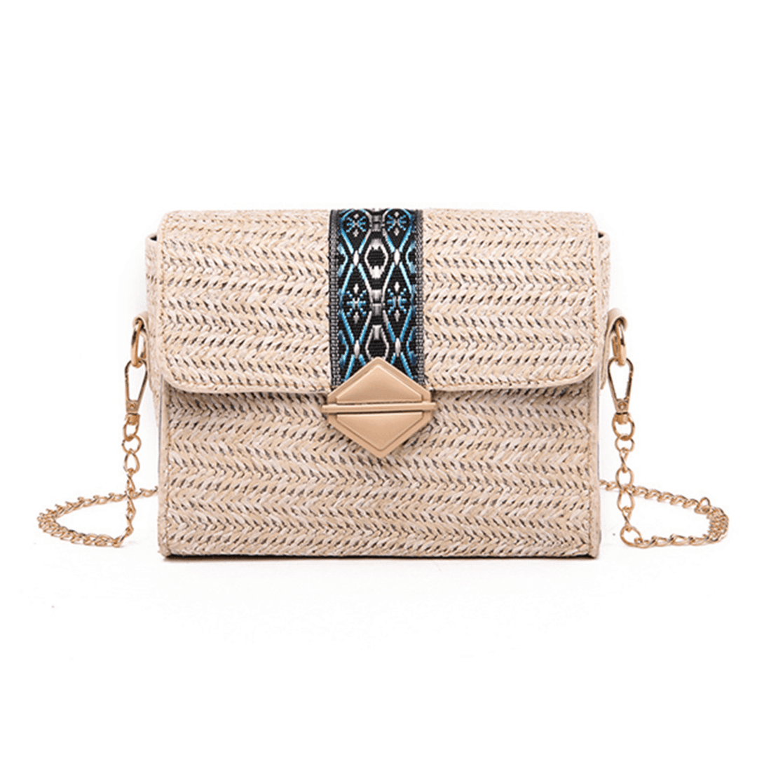 Women Summer Beach Straw Bag Bohemian Crossbody Messenger Shoulder Chain Bag - MRSLM