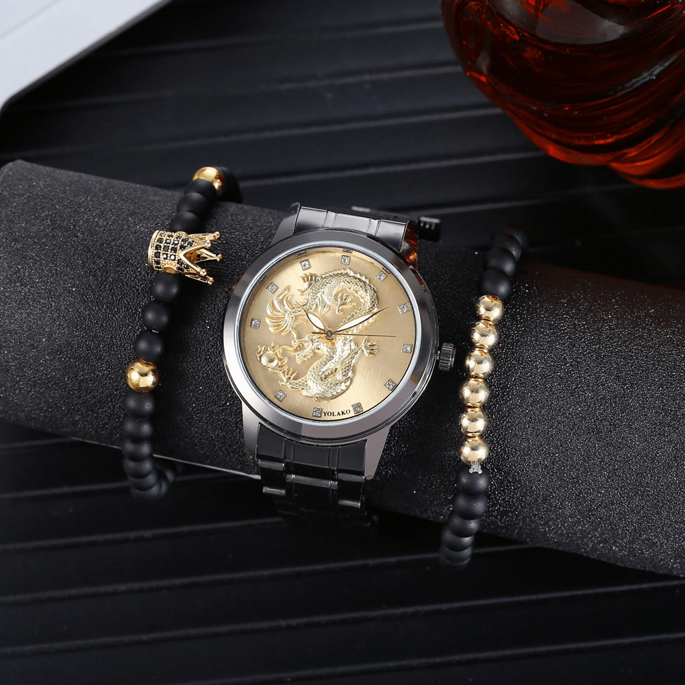 Alloy Stainless Steel Dragon Pattern Men Business Watch Decorated Pointer Quartz Watch Bracelet - MRSLM