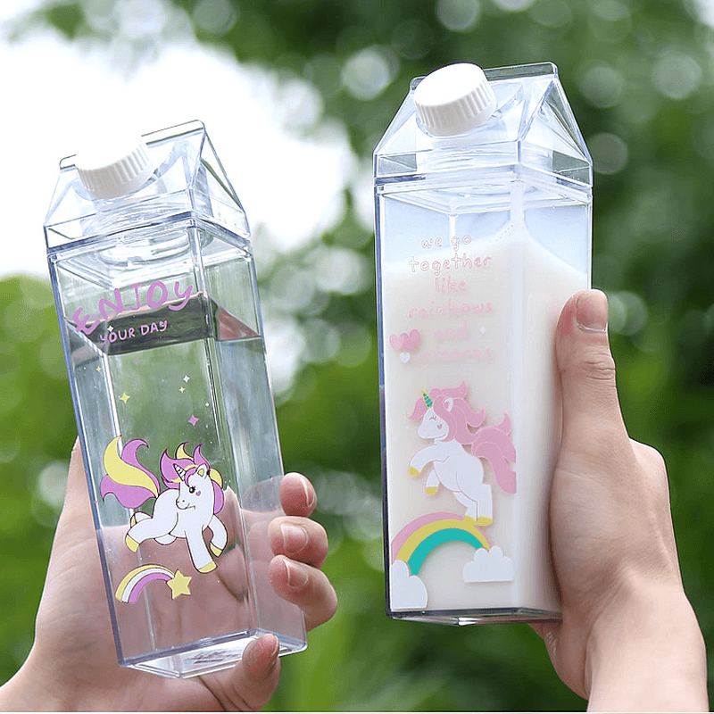 Portable Cup Novelty Milk Carton Shaped Cartoon Unicorn Printed Water Bottle - MRSLM