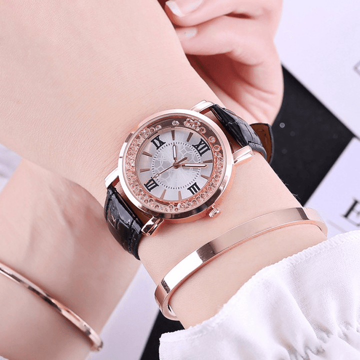 Fashion Rose Gold Flowing Crystal Roman Numerals Ladies Dress Bracelet Leather Women Quartz Watch - MRSLM