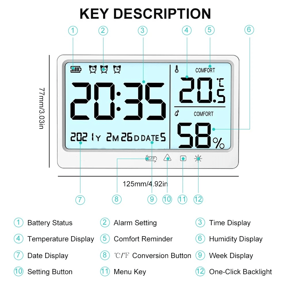 Multifunctional Temperature and Humidity Meter High Precision Thermo-Hygrometer with LCD Screen Backlight - MRSLM