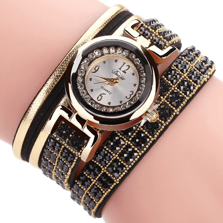 DUOYA Fashion Style Leather Band Bracelet Winding Rhinestones Dial Quartz Moement Ladies Watches - MRSLM