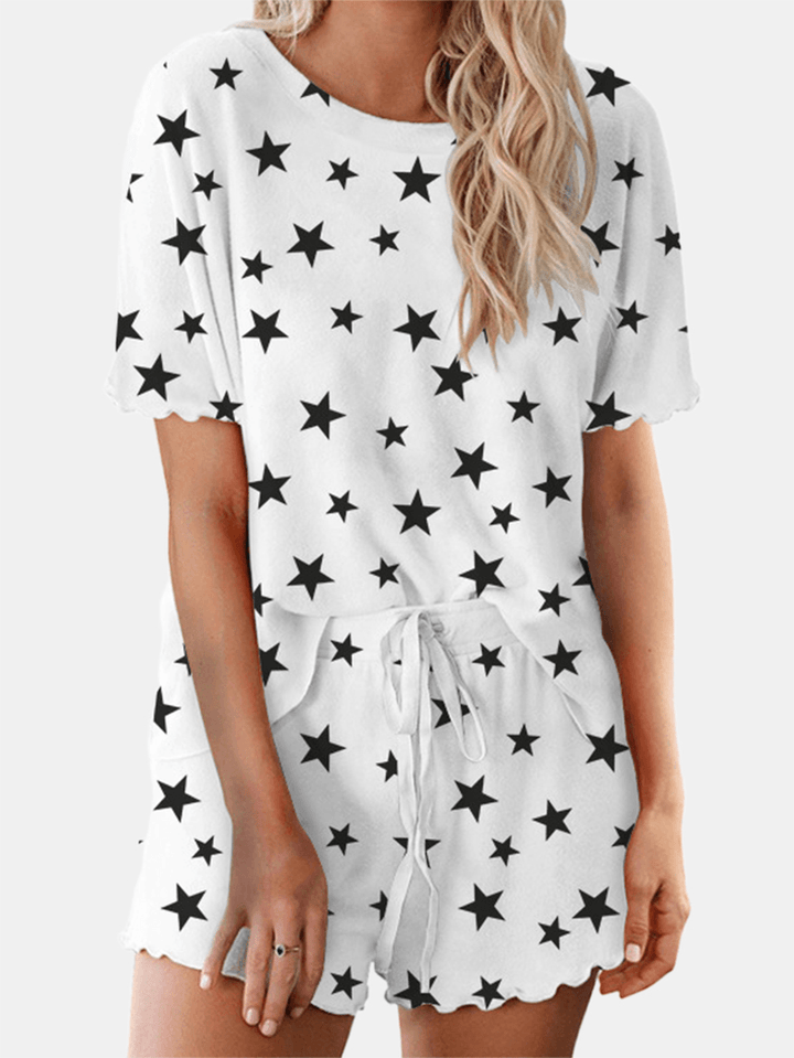 Summer Women Stars Print Softies Loose Drawstring Short Sleeve Pajama Set - MRSLM