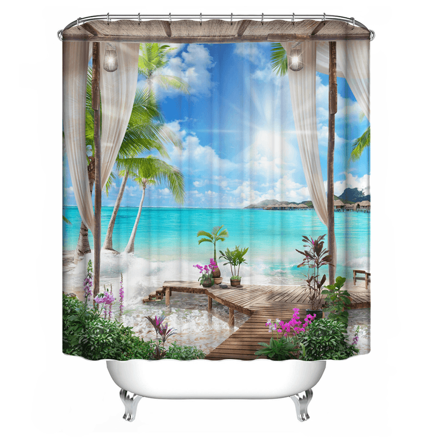 1/3Pcs Shower Curtain Set Bay Printing Toilet Cover Mat Bathroom Non-Slip Mat - MRSLM