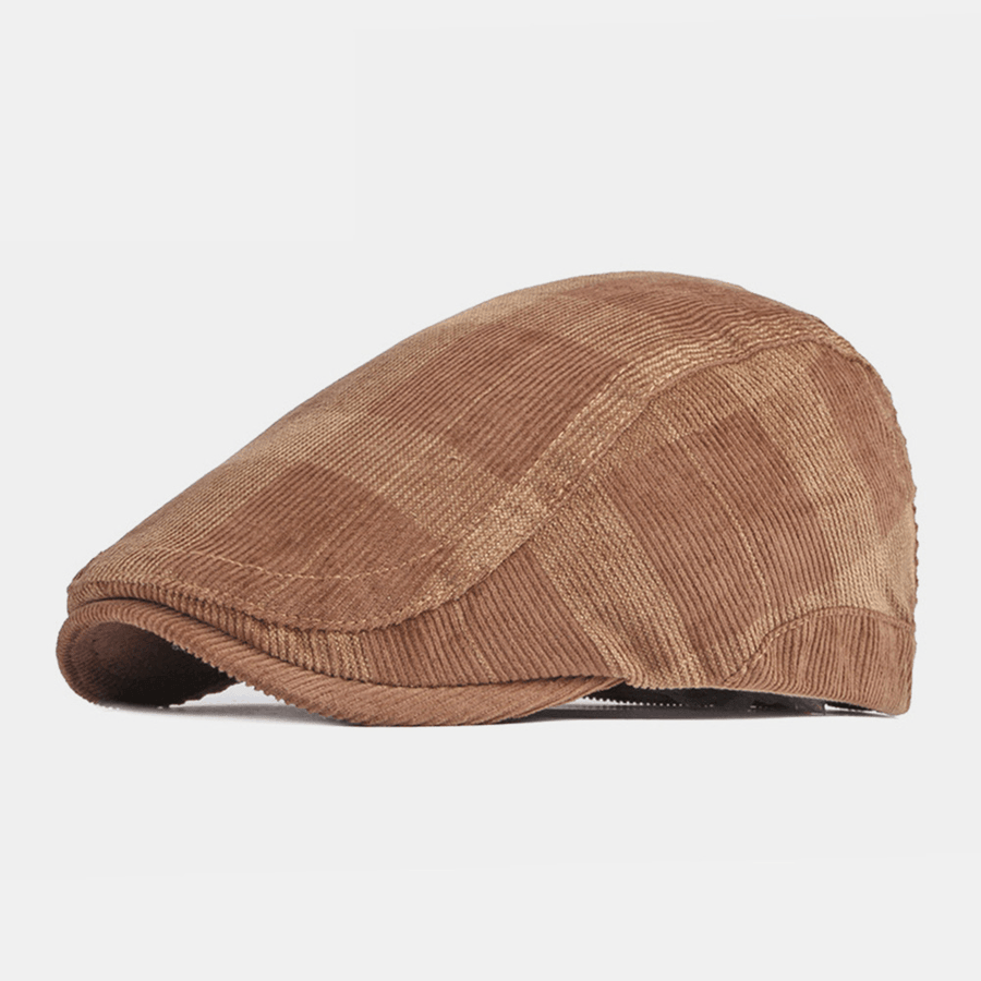 Unisex Corduroy Lattice Stripe Adjustable Beret Flat Cap British Retro Autumn Winter Wild Windproof Forward Hat - MRSLM