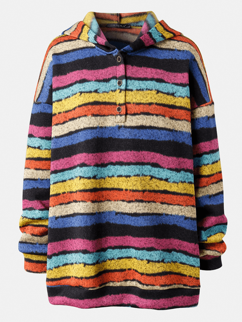 Women Half Button Colorful Horizontal Stripe Long Sleeve Casual Hoodies - MRSLM