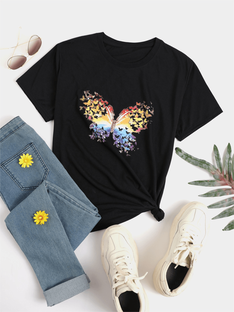 Butterfly Print round Neck Short Sleeve Summer Wild Casual T-Shirts - MRSLM