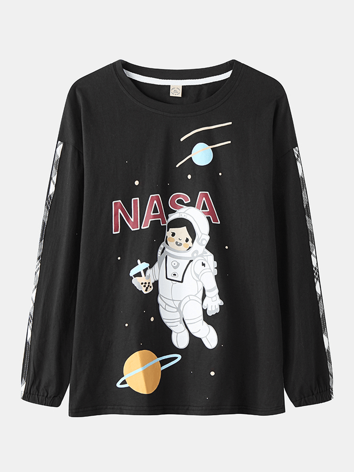 Women Girl Astronaut Print round Neck Cotton Cuffed Pajamas Sets with Plaid Pants - MRSLM