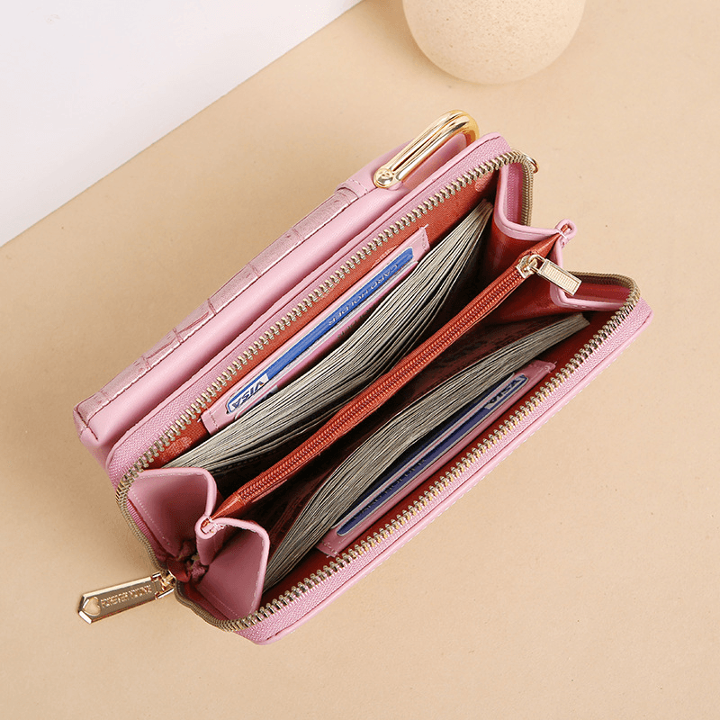 Women Alligator Pattern Embossed Vertical Large Capacity Zipper Wallet Portable 6.5 Inch Phone Bag Shoulder Bag Crossbody Bag - MRSLM