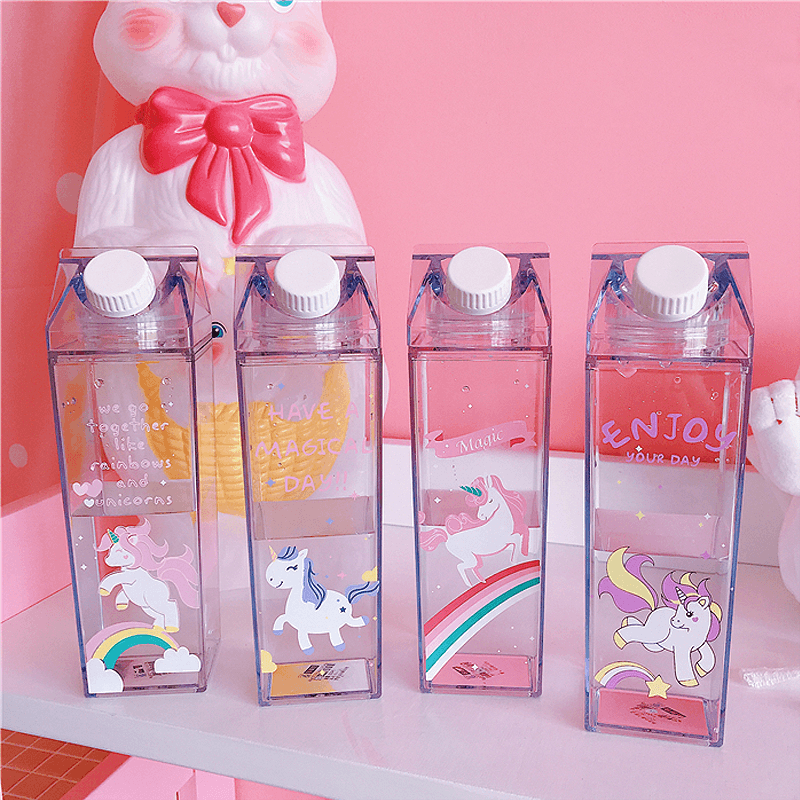 Portable Cup Novelty Milk Carton Shaped Cartoon Unicorn Printed Water Bottle - MRSLM