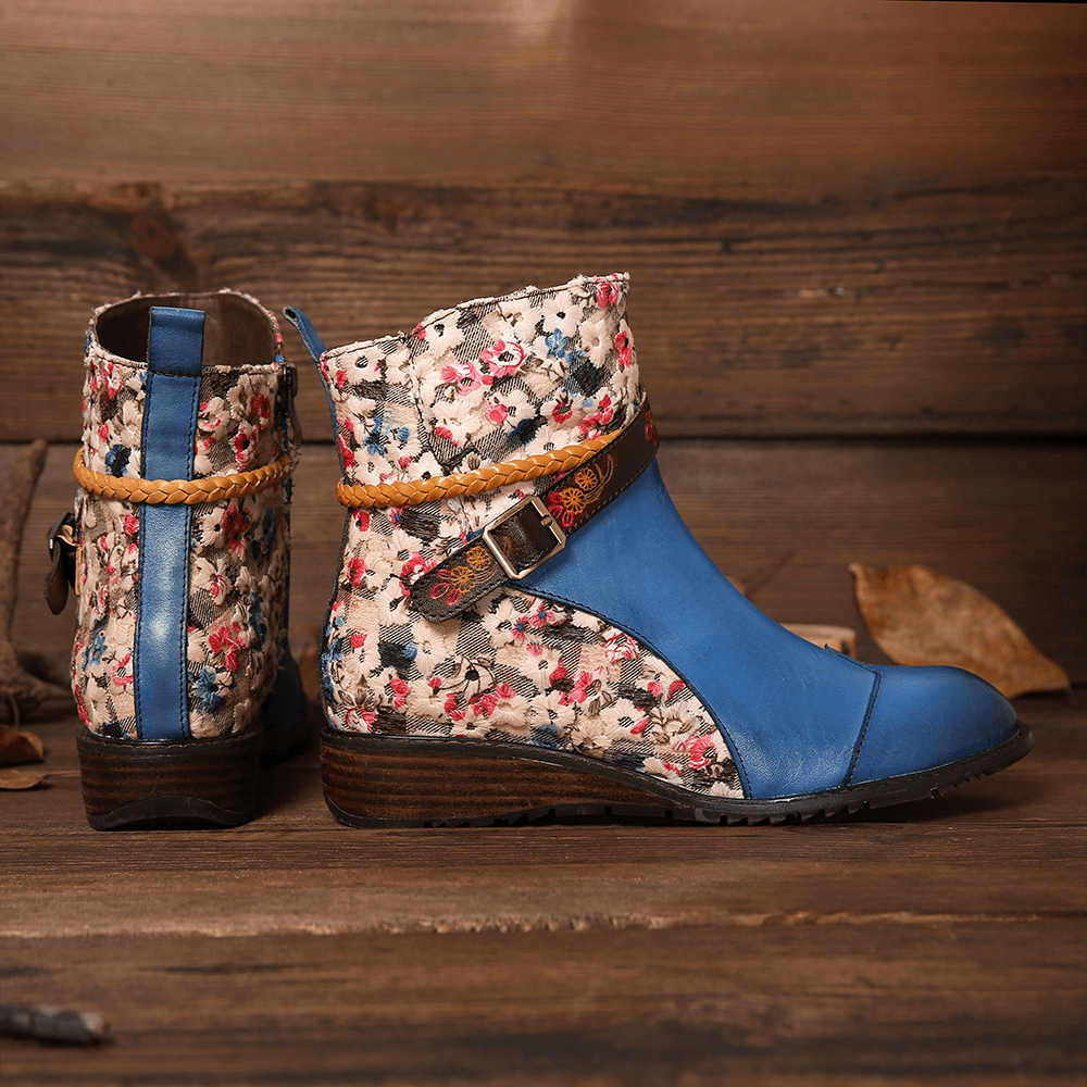 Women Retro Buckle Weaving Stitching Ankle Boots - MRSLM