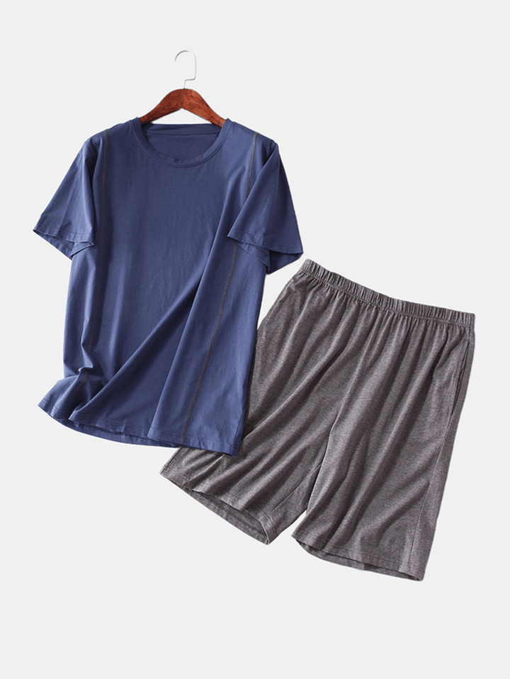 Men Solid Color Short Sleeve Crew Neck Blouse Pocket Shorts Home Sleepwear Two Pieces - MRSLM