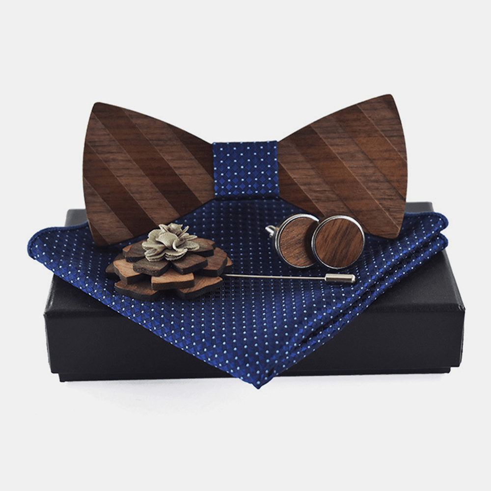 Men 4PCS Wedding Birthday Gift Set Square Scarf Cufflinks Brooch Wooden Bowtie Combo Set - MRSLM