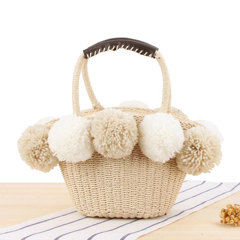 Women Travel Woven Beach Bag Cute Contrast Plush Ball Straw Handbag - MRSLM