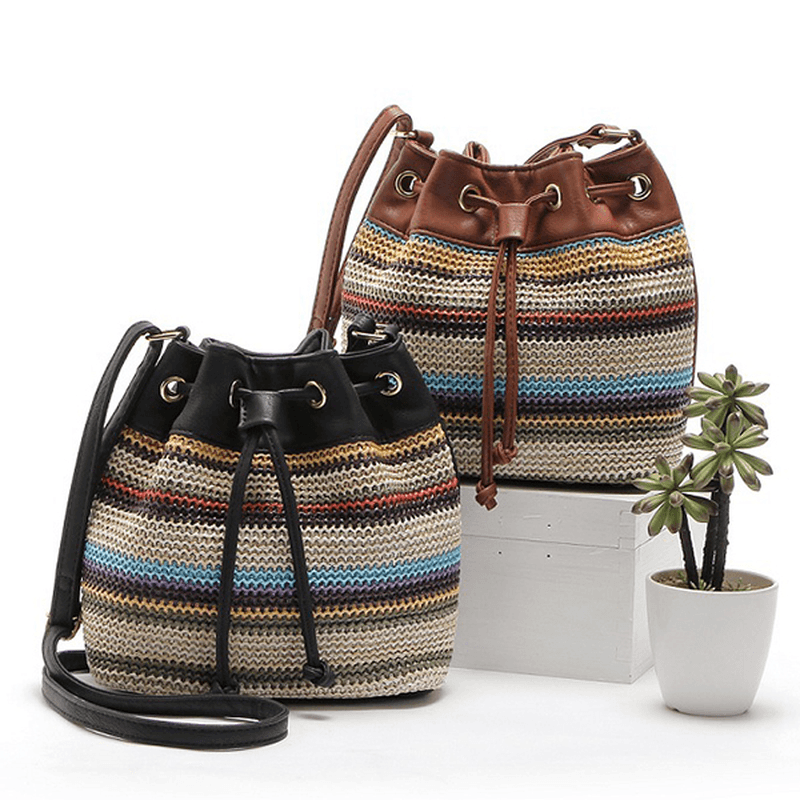 Fashion Bohemian Striped Bucket Bag Messenger Shoulder Bag - MRSLM