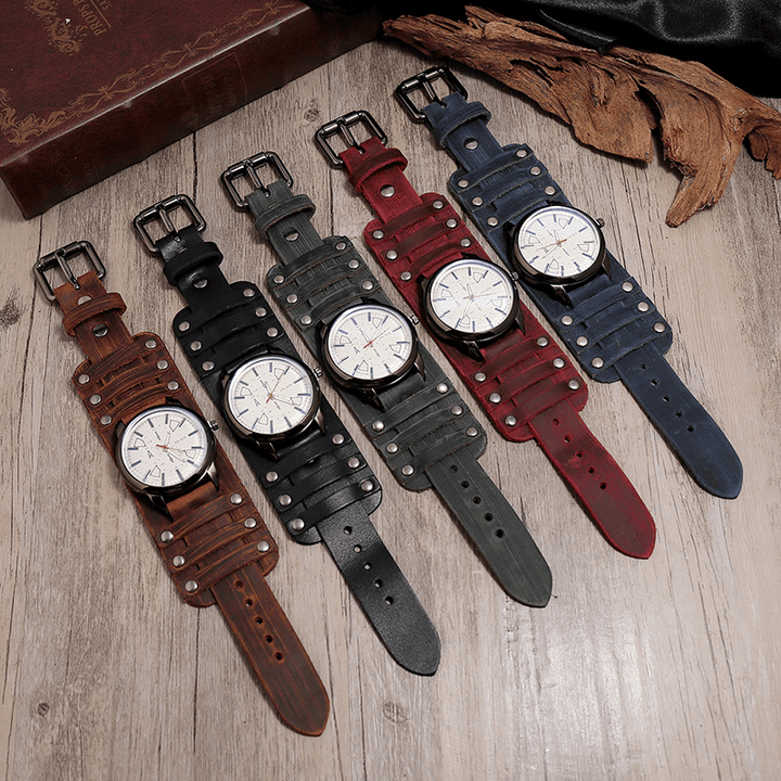 Vintage Cow Leather Military Style Watch Adjustable Band Men Quartz Watch - MRSLM