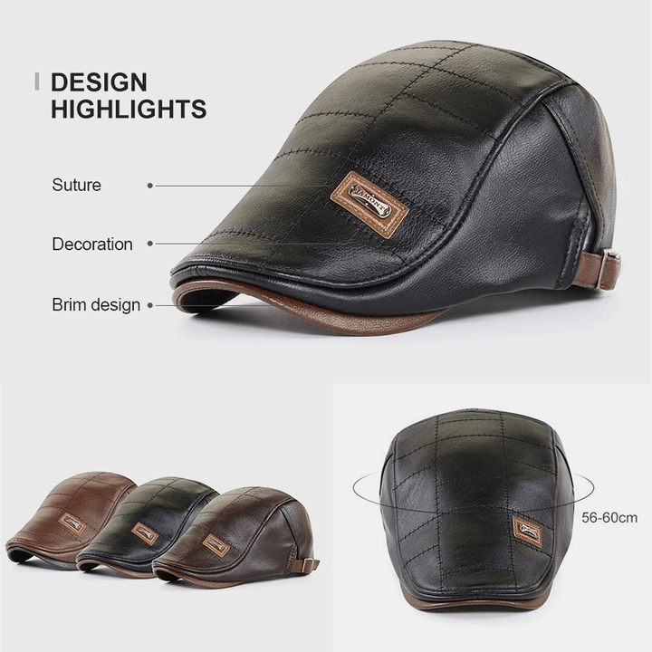 Collrown Men Faux Leather Autumn Winter Solid Keep Warm plus Velvet Fashion Leather Adjustable Beret Hat - MRSLM