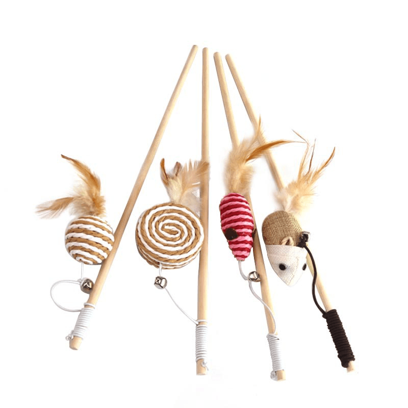 Wooden Pole Funny Cat Stick Feather Bell Interactive Toy Supplies - MRSLM