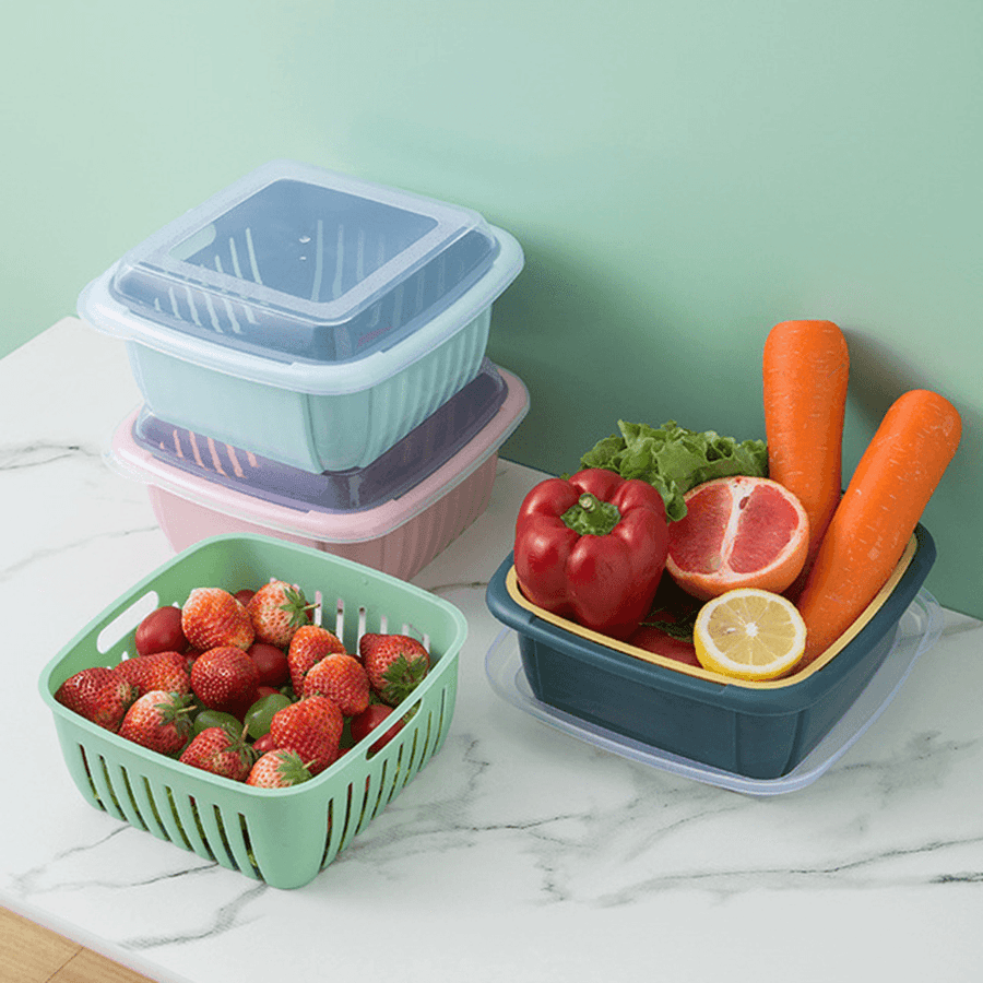 Double Layers Drain Basket Quick Drain Wash Fruits Vegetables Kitchen Tray Storage Basket Kitchen Storage Boxes - MRSLM