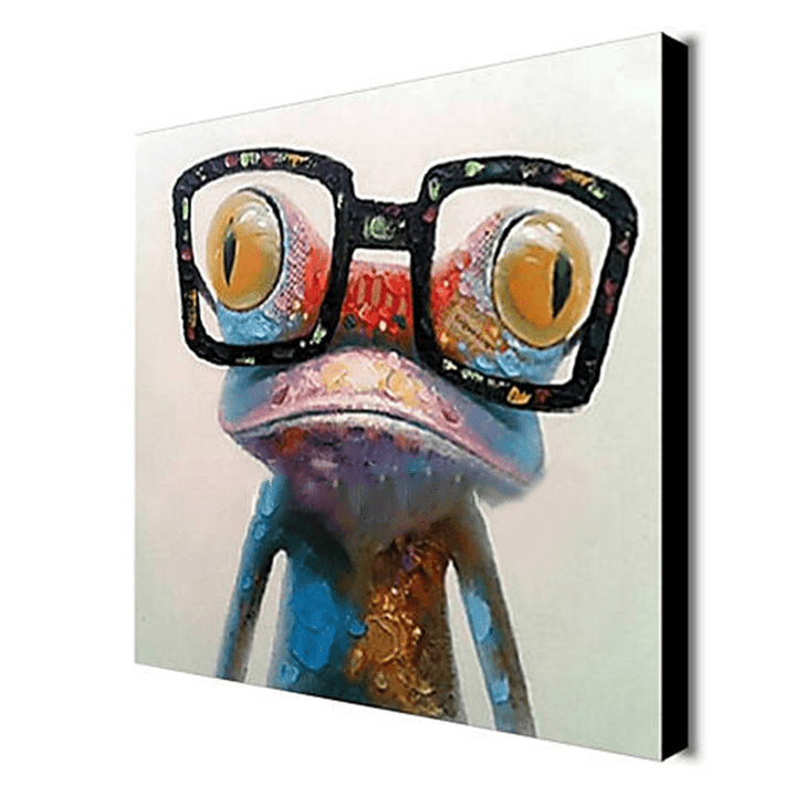 Miico Hand Painted Oil Paintings Animal Modern Art Happy Frog with Glasses on Canvas Wall Art for Home Decoration 30X30Cm - MRSLM