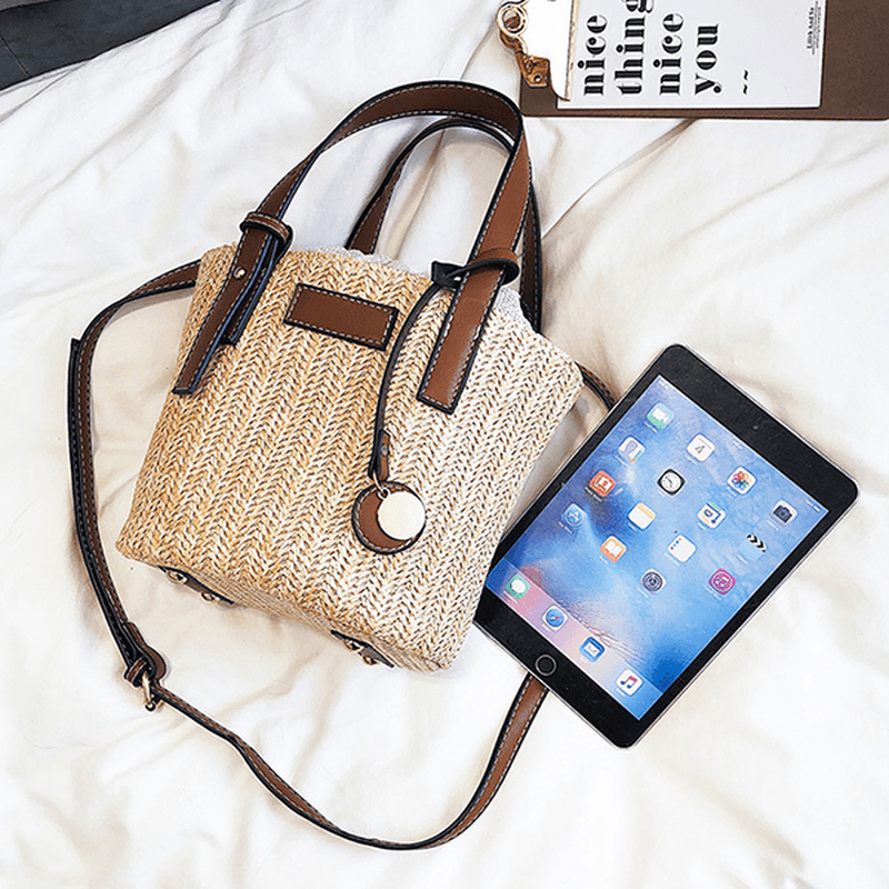 Straw Beach Bag Bucket Bag Handbag Shoulder Bag for Women - MRSLM