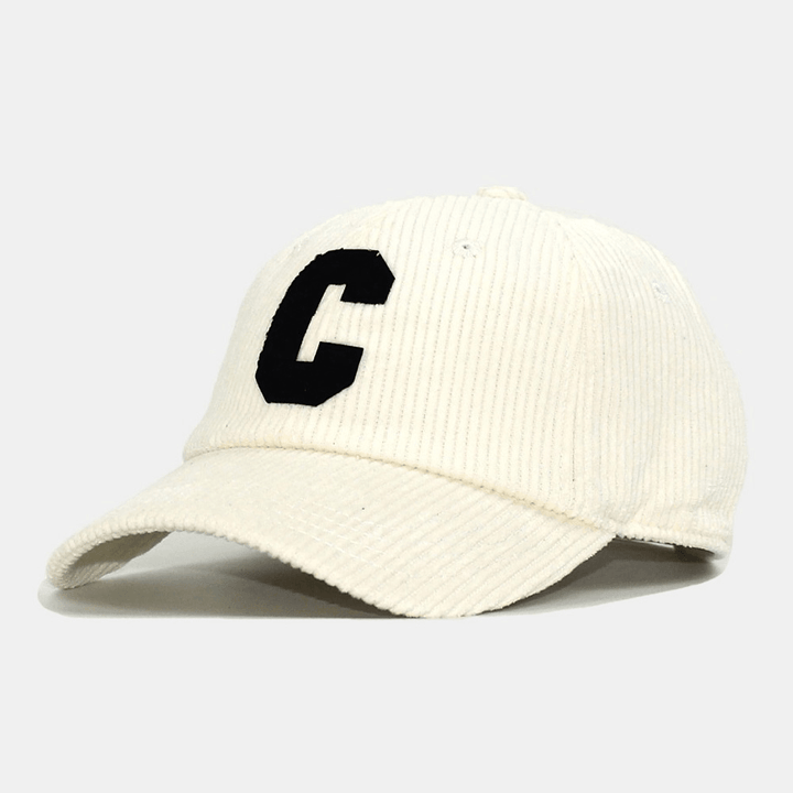 Unisex Corduroy Big C Letter Pattern Embroidery Baseball Cap Autumn Winter Soft Top Curved Brim Stripe Sunshade Hat - MRSLM