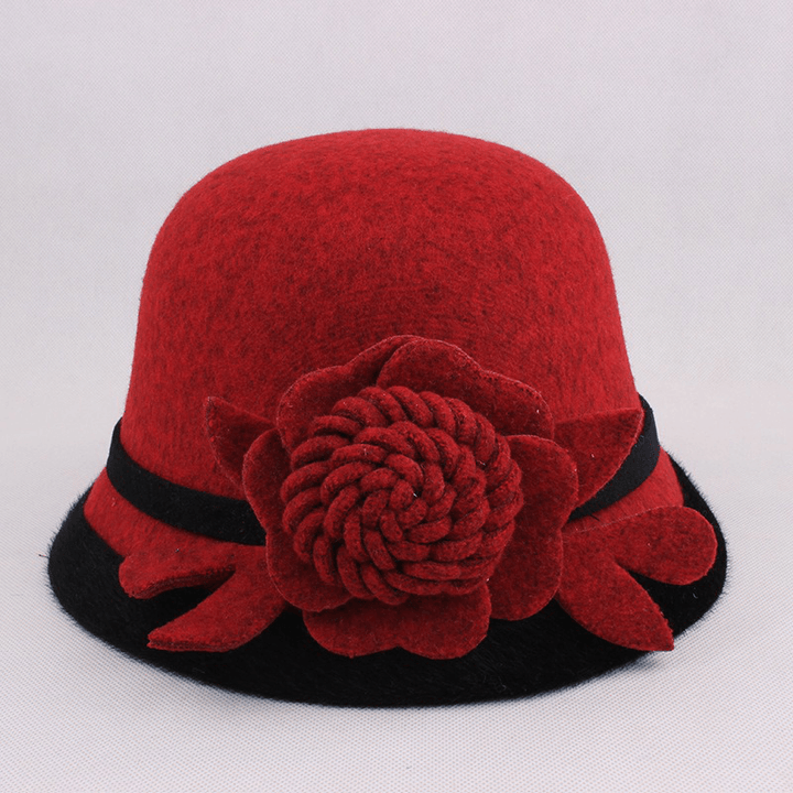 Women Warm Woolen Bowler Hat Flower Ethnic Bucket Hat - MRSLM