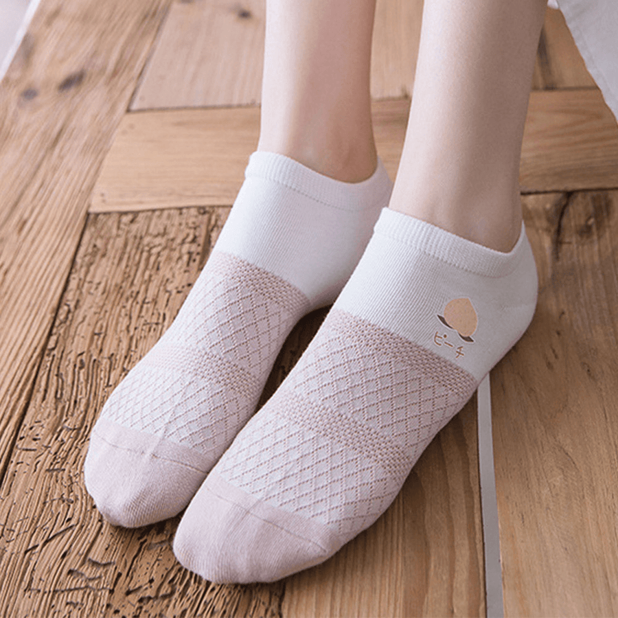 3 Pairs Women Letters Print Stripes Argyle Breathable Cotton Peach Socks - MRSLM