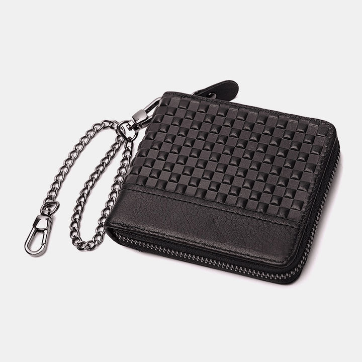 Men Genuine Leather Chain RFID Blocking Anti-Theft Zipper Multi-Slot Card Holder Wallet - MRSLM