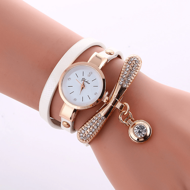 Casual Women Watch Leather Strap Rhinestone Metal Decorative Circle Pendant Multi-Layer Quartz Watch - MRSLM