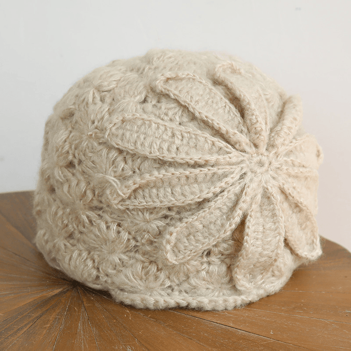 Ethnic Style Handmade Knitted Wool Hat Women Retro Elegant Flower Beret Beanie - MRSLM