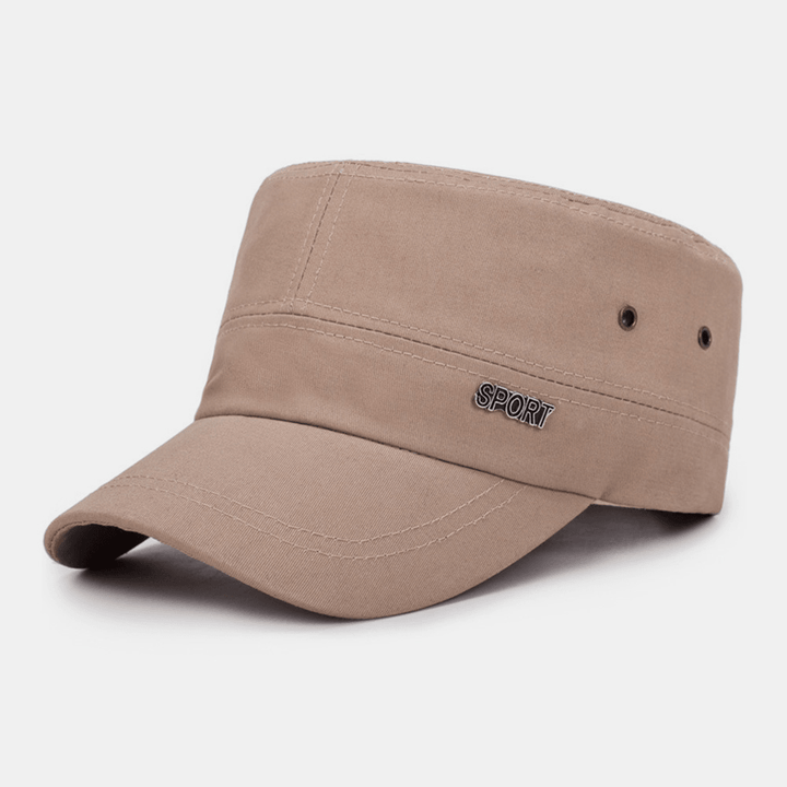 Men Solid Metal Letter Label Flat Top Cap Short Brim Outdoor Suncreen Military Cap Cadet Hat - MRSLM