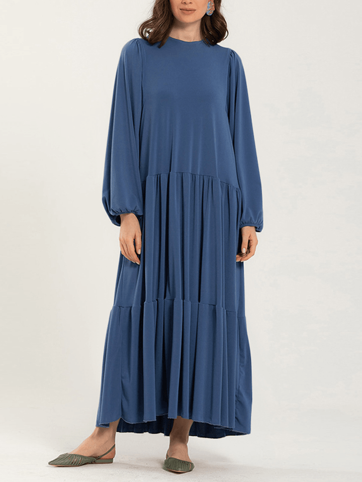 Women Solid Color Puff Sleeve Loose Layered Tiered Casual Maxi Dress - MRSLM