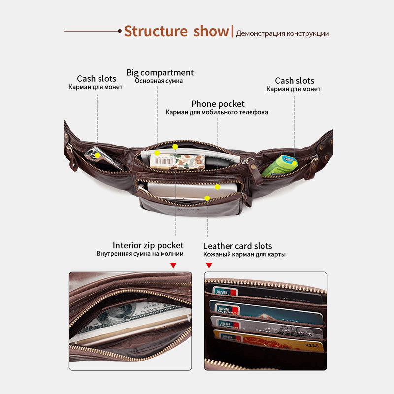 Men Genuine Leather Retro Sport Outdoor Multi-Carry Chest Bag Sling Bag Crossbody Bag Waist Bag - MRSLM