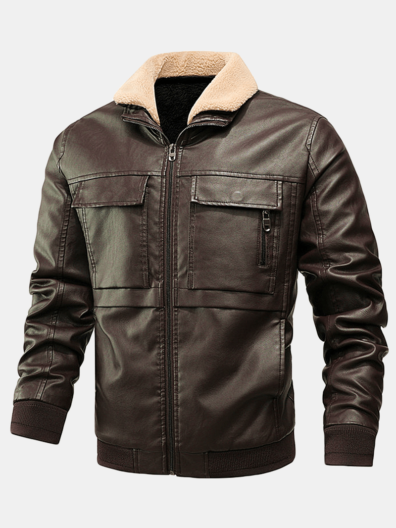 Mens PU Leather Thicken Zip Front Lapel Collar Jackets with Flap Pockets - MRSLM