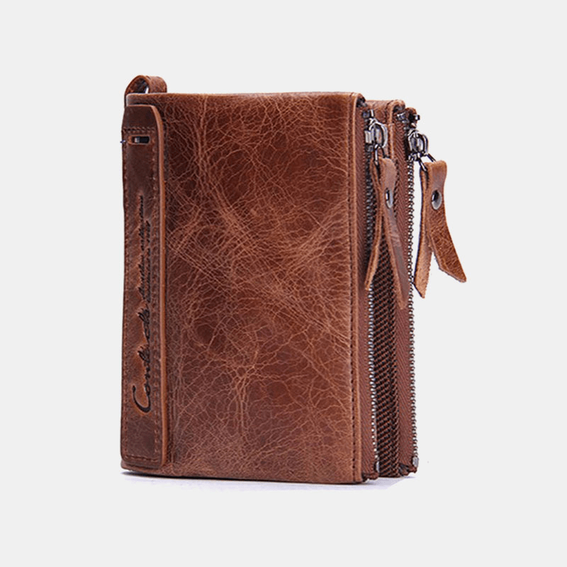 Genuine Leather Multifunction Multi-Slot Double Zipper Casual Brief Solid Color Card Holder Wallet - MRSLM