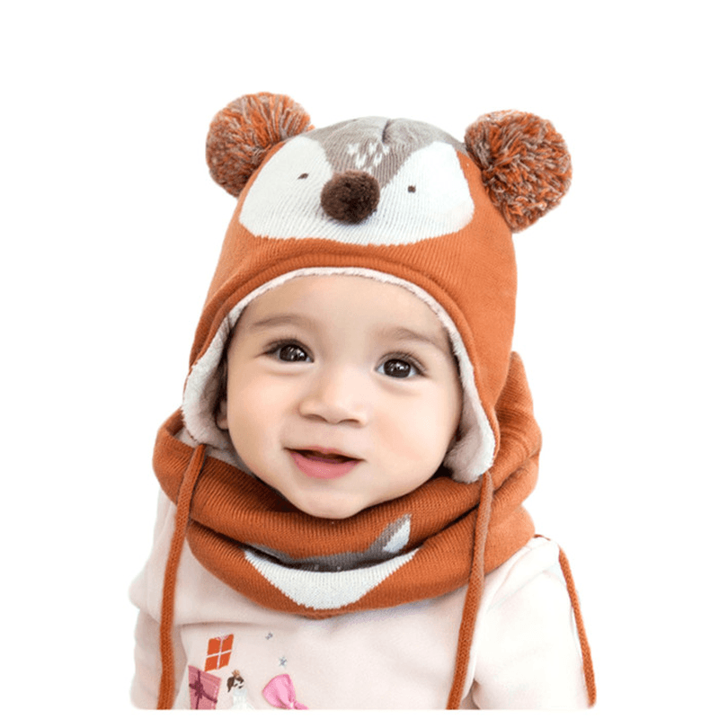 Autumn Winter Children plus Velvet Hat Scarf Set Baby Lovely Cartoon Fox Print Knitted Hat Kids Cap Collar Boy Girl Neck Warmer - MRSLM